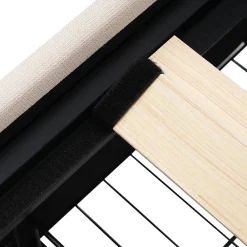 Lit avec rangement 90 x 200 cm - Lit Simple avec Tiroirs et LED - Lin Bois Métal - Sans Matelas - Beige><noscript><img width=
