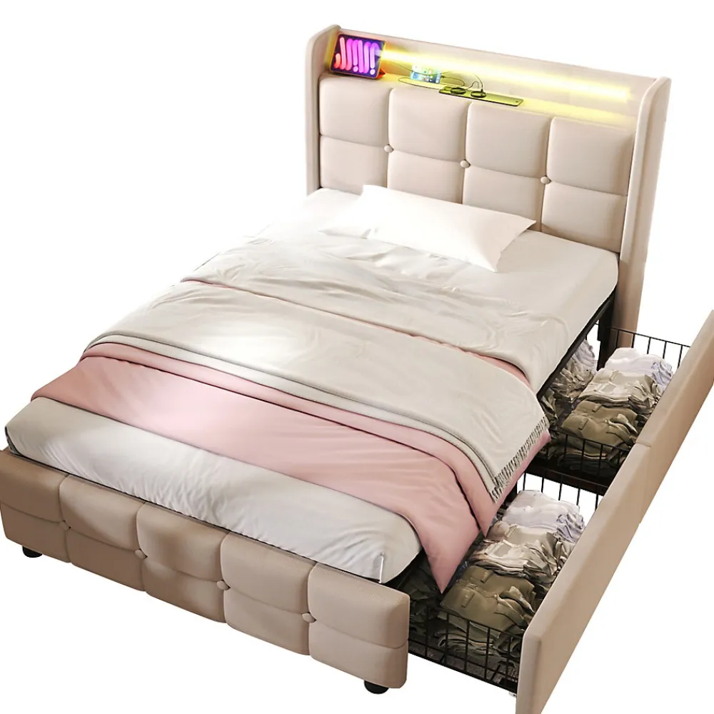 Lit avec rangement 90 x 200 cm - Lit Simple avec Tiroirs et LED - Lin Bois Métal - Sans Matelas - Beige>Okwish New