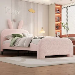 Okwish Lit avec rangement 90 x 200 cm - Lit Simple avec 2 Tiroirs - Peluche + MDF - Sans Matelas - Rose* Lit Avec Rangement