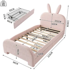 Okwish Lit avec rangement 90 x 200 cm - Lit Simple avec 2 Tiroirs - Peluche + MDF - Sans Matelas - Rose* Lit Avec Rangement