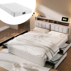 Lit avec rangement 160 x 200 cm - Lit double avec 4 tiroirs et tête de lit réglable - Avec Matelas - Beige>Okwish Sale