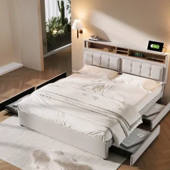 Lit avec rangement 160 x 200 cm - Lit double avec 4 tiroirs et tête de lit réglable - Avec Matelas - Beige><noscript><img width=