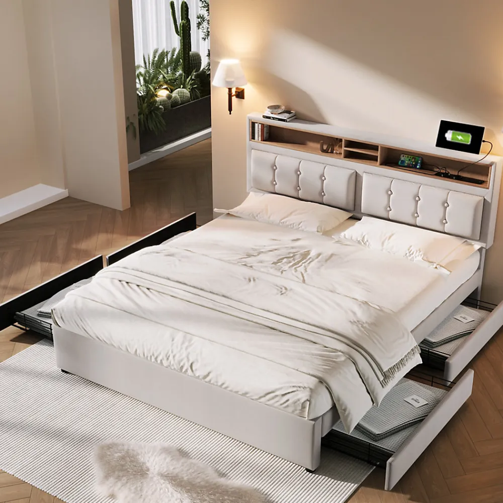 Lit avec rangement 160 x 200 cm - Lit double avec 4 tiroirs et tête de lit réglable - Avec Matelas - Beige>Okwish Sale