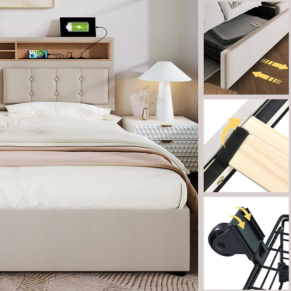 Lit avec rangement 160 x 200 cm - Lit double avec 4 tiroirs et tête de lit réglable - Avec Matelas - Beige>Okwish Sale