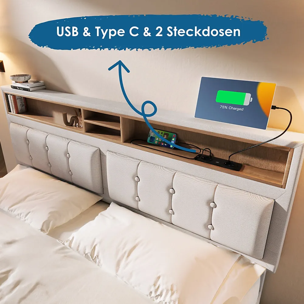Lit avec rangement 160 x 200 cm - Lit double avec 4 tiroirs et tête de lit réglable - Avec Matelas - Beige>Okwish Sale