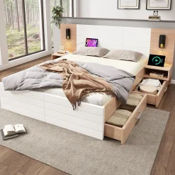 Lit avec rangement 140 x 200 cm - Lit Double avec Lampes et USB - Bois MDF - Sans Matelas - Blanc Chêne>Okwish Outlet