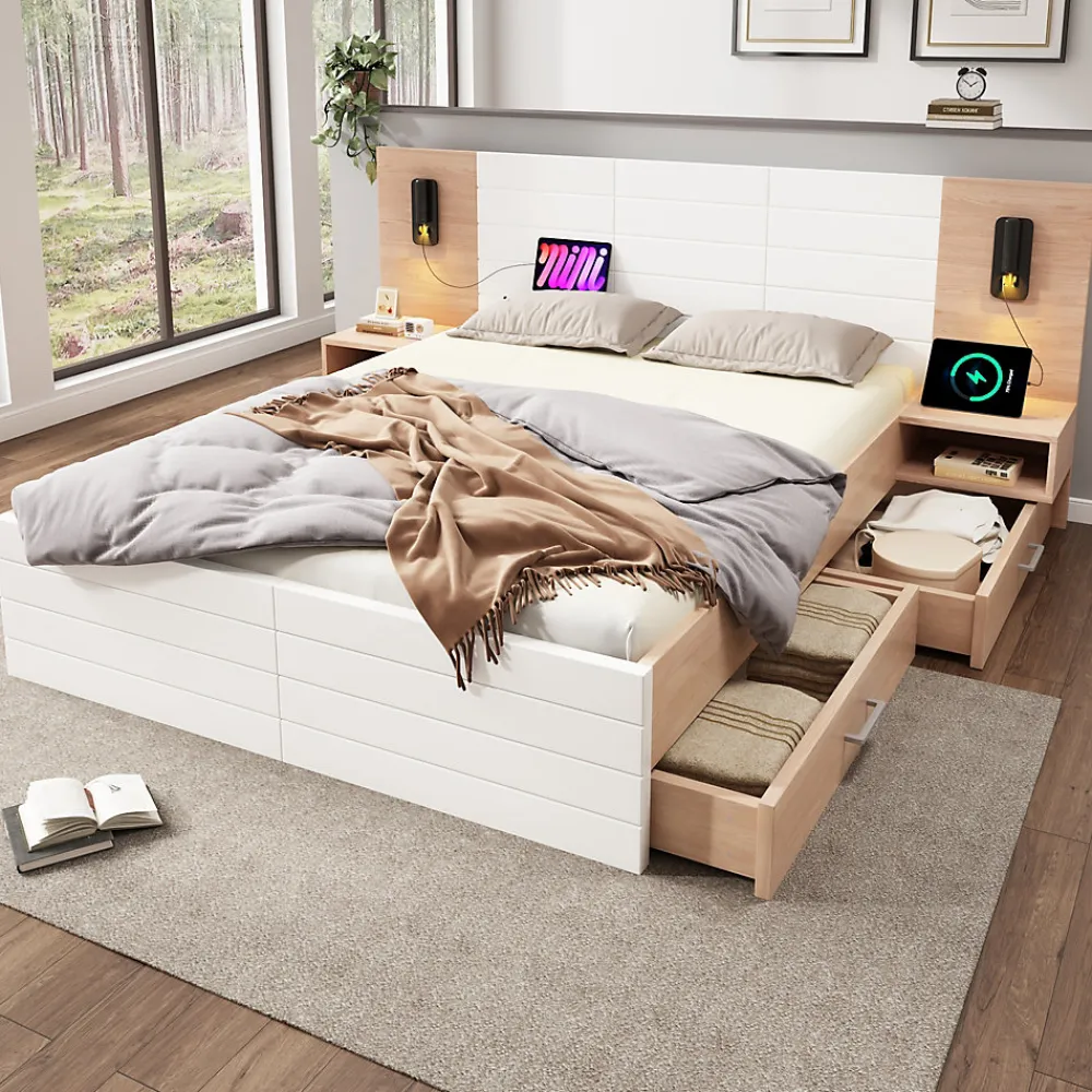 Lit avec rangement 140 x 200 cm - Lit Double avec Lampes et USB - Bois MDF - Sans Matelas - Blanc Chêne>Okwish Outlet
