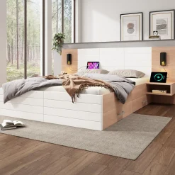 Lit avec rangement 140 x 200 cm - Lit Double avec Lampes et USB - Bois MDF - Sans Matelas - Blanc Chêne><noscript><img width=