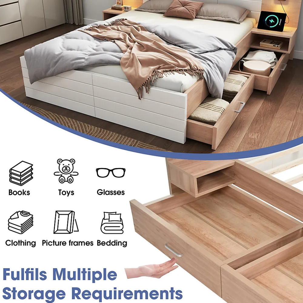 Lit avec rangement 140 x 200 cm - Lit Double avec Lampes et USB - Bois MDF - Sans Matelas - Blanc Chêne>Okwish Outlet