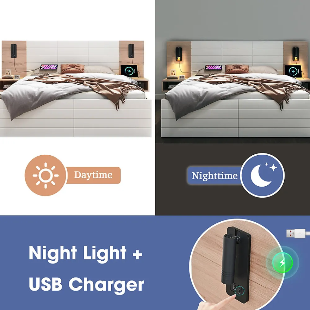 Lit avec rangement 140 x 200 cm - Lit Double avec Lampes et USB - Bois MDF - Sans Matelas - Blanc Chêne>Okwish Outlet