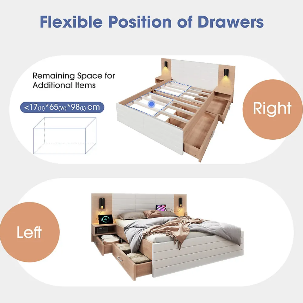 Lit avec rangement 140 x 200 cm - Lit Double avec Lampes et USB - Bois MDF - Sans Matelas - Blanc Chêne>Okwish Outlet