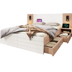 Lit avec rangement 140 x 200 cm - Lit Double avec Lampes et USB - Bois MDF - Sans Matelas - Blanc Chêne><noscript><img width=