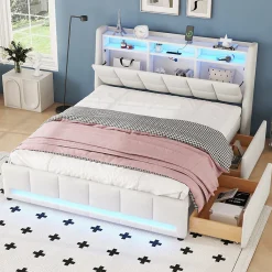 Lit avec rangement 140 x 200 cm - Lit Double avec 2 Tiroirs et Prise USB - Lin - Sans Matelas - Beige>Okwish New