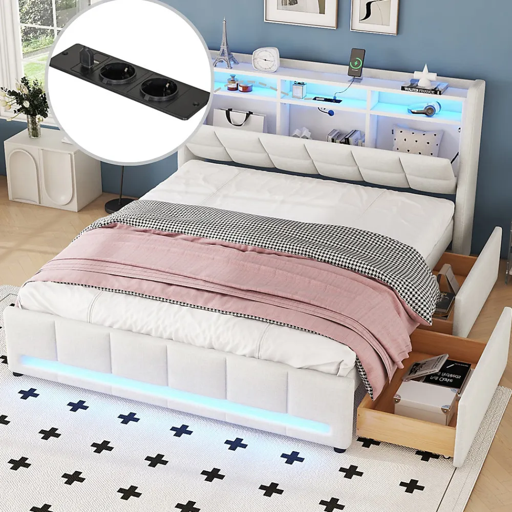 Lit avec rangement 140 x 200 cm - Lit Double avec 2 Tiroirs et Prise USB - Lin - Sans Matelas - Beige>Okwish New