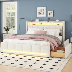 Lit avec rangement 140 x 200 cm - Lit Double avec 2 Tiroirs et Prise USB - Lin - Sans Matelas - Beige><noscript><img width=