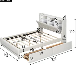 Lit avec rangement 140 x 200 cm - Lit Double avec 2 Tiroirs et Prise USB - Lin - Sans Matelas - Beige><noscript><img width=