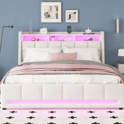Lit avec rangement 140 x 200 cm - Lit Double avec 2 Tiroirs et Prise USB - Lin - Sans Matelas - Beige><noscript><img width=