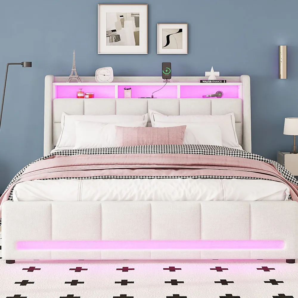 Lit avec rangement 140 x 200 cm - Lit Double avec 2 Tiroirs et Prise USB - Lin - Sans Matelas - Beige>Okwish New