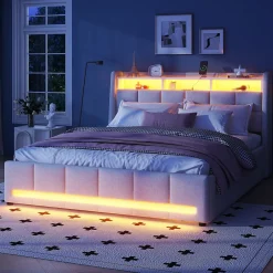 Lit avec rangement 140 x 200 cm - Lit Double avec 2 Tiroirs et Prise USB - Lin - Sans Matelas - Beige><noscript><img width=
