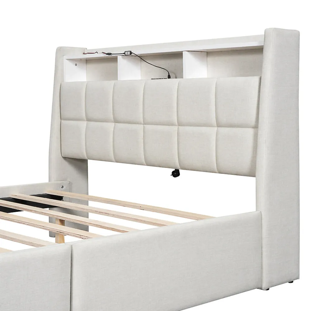 Lit avec rangement 140 x 200 cm - Lit Double avec 2 Tiroirs et Prise USB - Lin - Sans Matelas - Beige>Okwish New