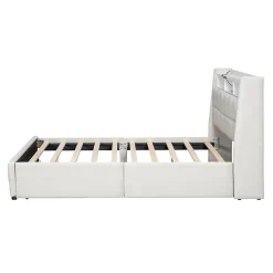 Lit avec rangement 140 x 200 cm - Lit Double avec 2 Tiroirs et Prise USB - Lin - Sans Matelas - Beige><noscript><img width=