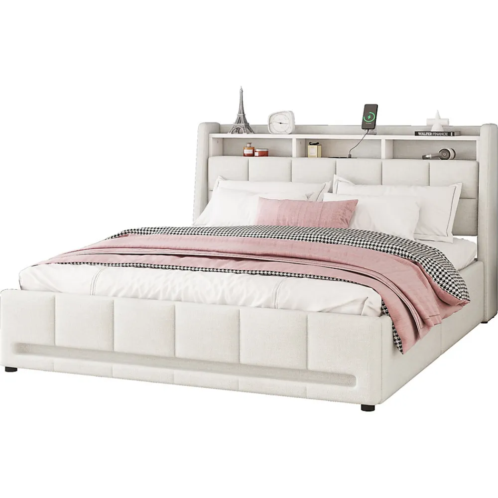 Lit avec rangement 140 x 200 cm - Lit Double avec 2 Tiroirs et Prise USB - Lin - Sans Matelas - Beige>Okwish New