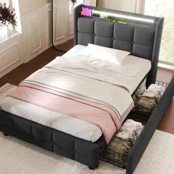 Lit avec rangement 90 x 200 cm - Lit Simple avec Tiroirs et LED - Lin Bois Métal - Sans Matelas - Gris>Okwish Sale