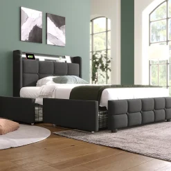 Lit avec rangement 90 x 200 cm - Lit Simple avec Tiroirs et LED - Lin Bois Métal - Sans Matelas - Gris>Okwish Sale