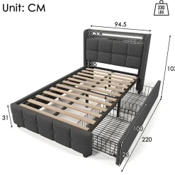 Lit avec rangement 90 x 200 cm - Lit Simple avec Tiroirs et LED - Lin Bois Métal - Sans Matelas - Gris><noscript><img width=