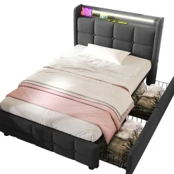 Lit avec rangement 90 x 200 cm - Lit Simple avec Tiroirs et LED - Lin Bois Métal - Sans Matelas - Gris><noscript><img width=