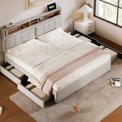 Lit avec rangement 140 x 200 cm - Lit avec 4 tiroirs, tête de lit avec prise USB-C - Lin + Bois massif - Sans Matelas - Beige>Okwish Outlet