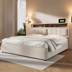 Lit avec rangement 140 x 200 cm - Lit avec 4 tiroirs, tête de lit avec prise USB-C - Lin + Bois massif - Sans Matelas - Beige>Okwish Outlet