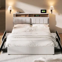 Lit avec rangement 140 x 200 cm - Lit avec 4 tiroirs, tête de lit avec prise USB-C - Lin + Bois massif - Sans Matelas - Beige><noscript><img width=