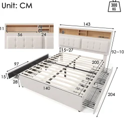 Lit avec rangement 140 x 200 cm - Lit avec 4 tiroirs, tête de lit avec prise USB-C - Lin + Bois massif - Sans Matelas - Beige><noscript><img width=