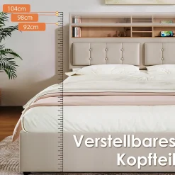 Lit avec rangement 140 x 200 cm - Lit avec 4 tiroirs, tête de lit avec prise USB-C - Lin + Bois massif - Sans Matelas - Beige><noscript><img width=