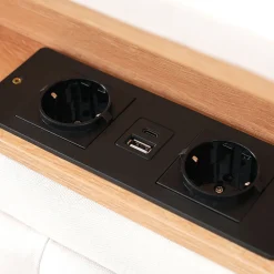 Lit avec rangement 140 x 200 cm - Lit avec 4 tiroirs, tête de lit avec prise USB-C - Lin + Bois massif - Sans Matelas - Beige><noscript><img width=