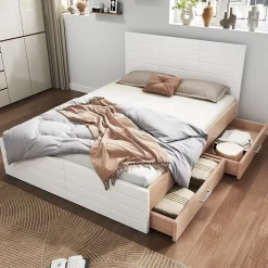 Okwish Lit avec rangement 160 x 200 cm - Lit Double avec 2 Tiroirs - Bois MDF - Sans Matelas - Blanc Chêne* Lit Avec Rangement