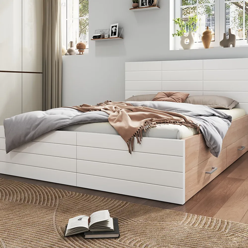 Okwish Lit avec rangement 160 x 200 cm - Lit Double avec 2 Tiroirs - Bois MDF - Sans Matelas - Blanc Chêne* Lit Avec Rangement