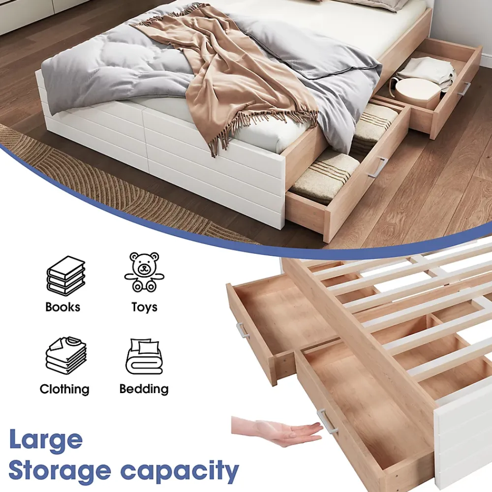 Okwish Lit avec rangement 160 x 200 cm - Lit Double avec 2 Tiroirs - Bois MDF - Sans Matelas - Blanc Chêne* Lit Avec Rangement
