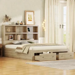Okwish Lit avec rangement 160 x 200 cm Lit double avec 2 tiroirs et tête de lit fonctionnelle - Sans matelas - Naturel* Lit Avec Rangement
