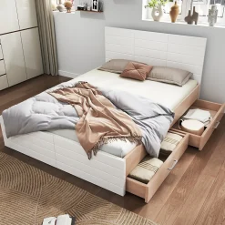 Lit avec rangement 140 x 200 cm - Lit Double avec 2 Tiroirs - Bois MDF - Sans Matelas - Blanc>Okwish Clearance