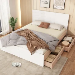 Lit avec rangement 140 x 200 cm - Lit Double avec 2 Tiroirs - Bois MDF - Sans Matelas - Blanc>Okwish Clearance