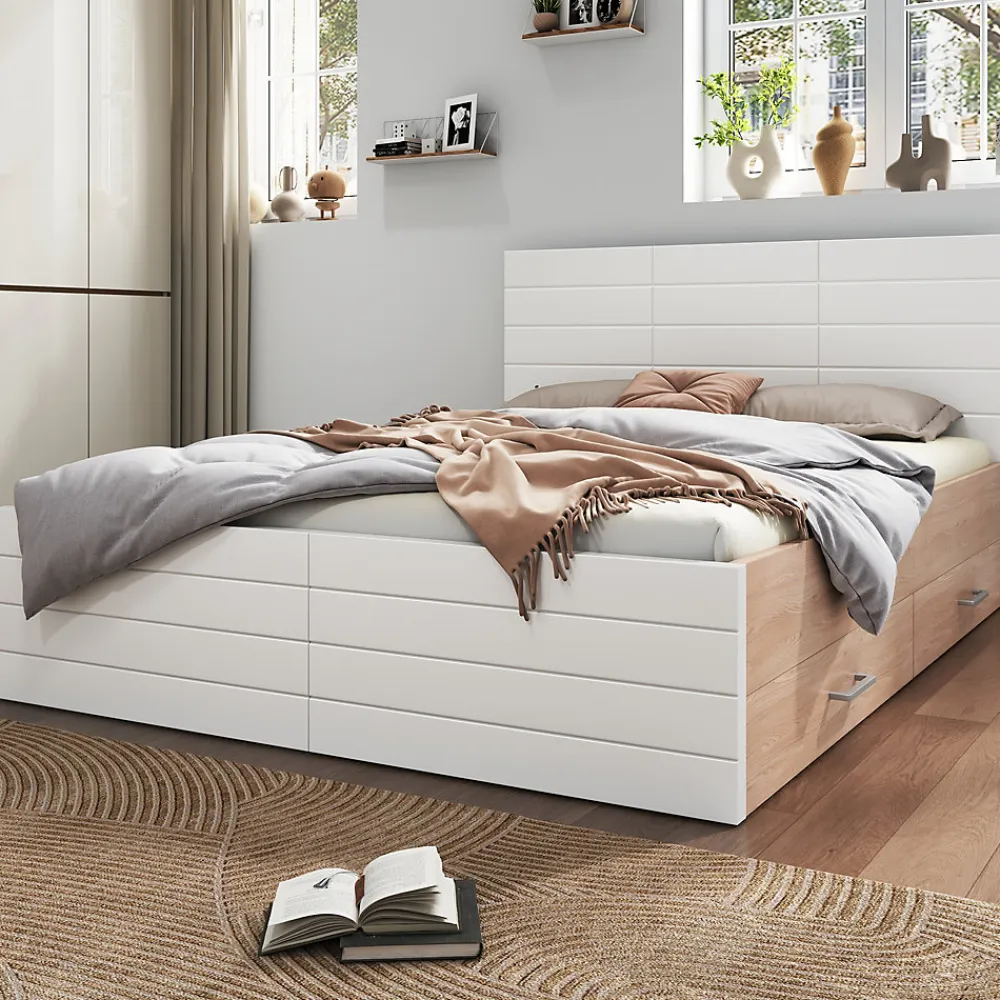Lit avec rangement 140 x 200 cm - Lit Double avec 2 Tiroirs - Bois MDF - Sans Matelas - Blanc>Okwish Clearance