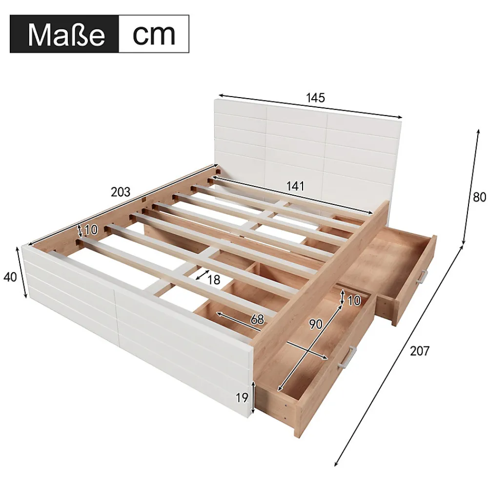 Lit avec rangement 140 x 200 cm - Lit Double avec 2 Tiroirs - Bois MDF - Sans Matelas - Blanc>Okwish Clearance