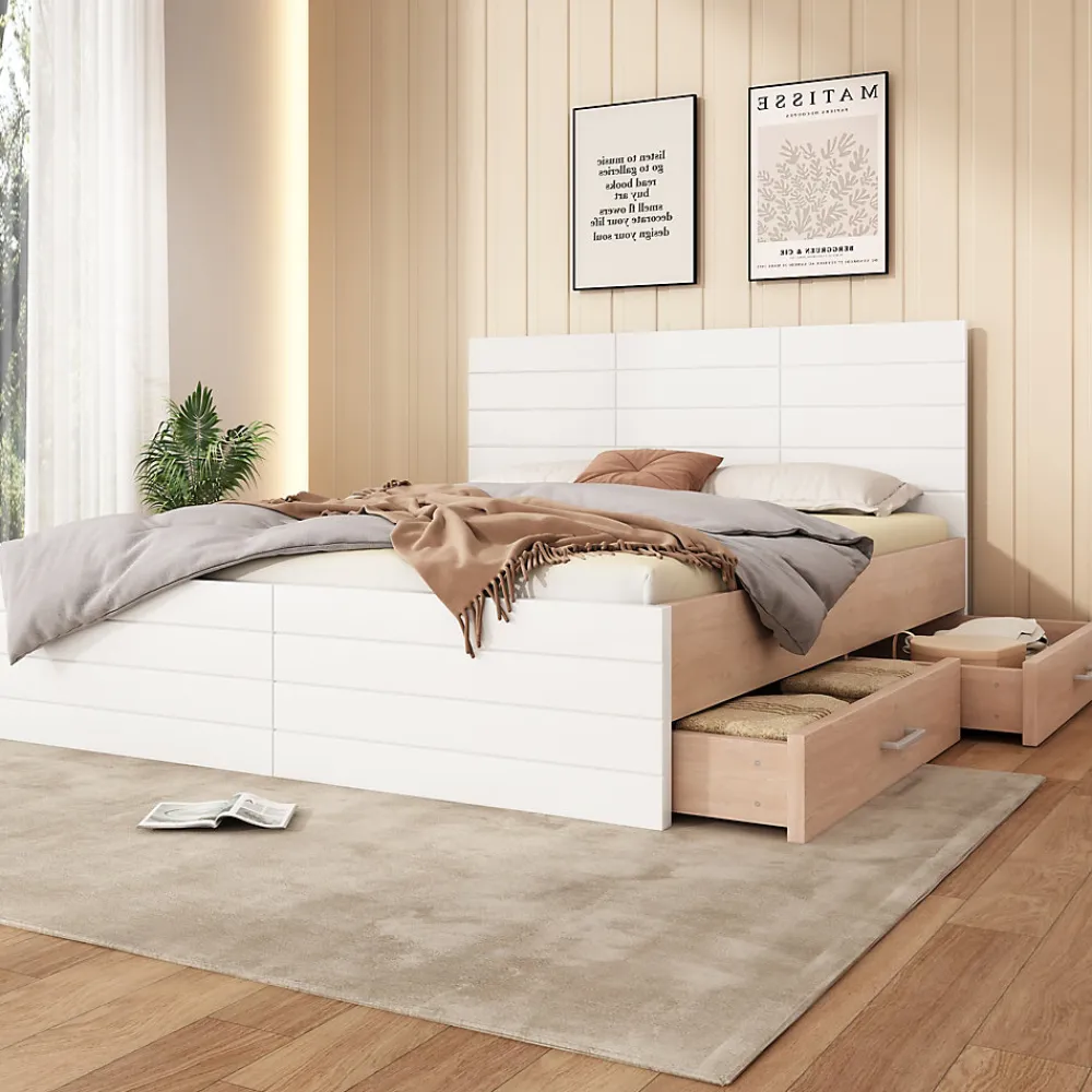 Lit avec rangement 140 x 200 cm - Lit Double avec 2 Tiroirs - Bois MDF - Sans Matelas - Blanc>Okwish Clearance