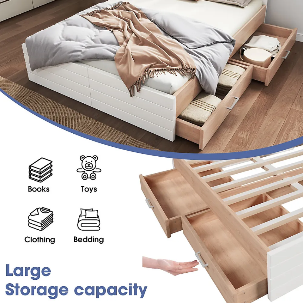 Lit avec rangement 140 x 200 cm - Lit Double avec 2 Tiroirs - Bois MDF - Sans Matelas - Blanc>Okwish Clearance