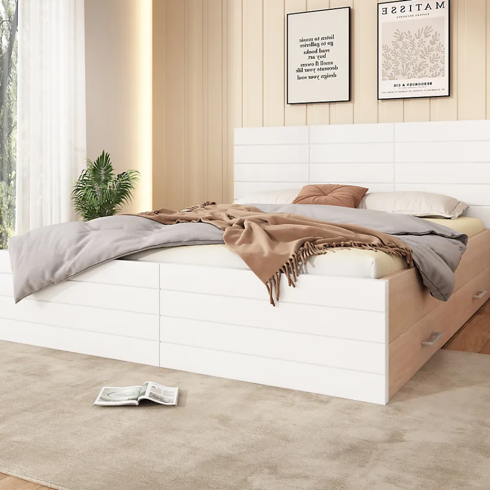 Lit avec rangement 140 x 200 cm - Lit Double avec 2 Tiroirs - Bois MDF - Sans Matelas - Blanc>Okwish Clearance