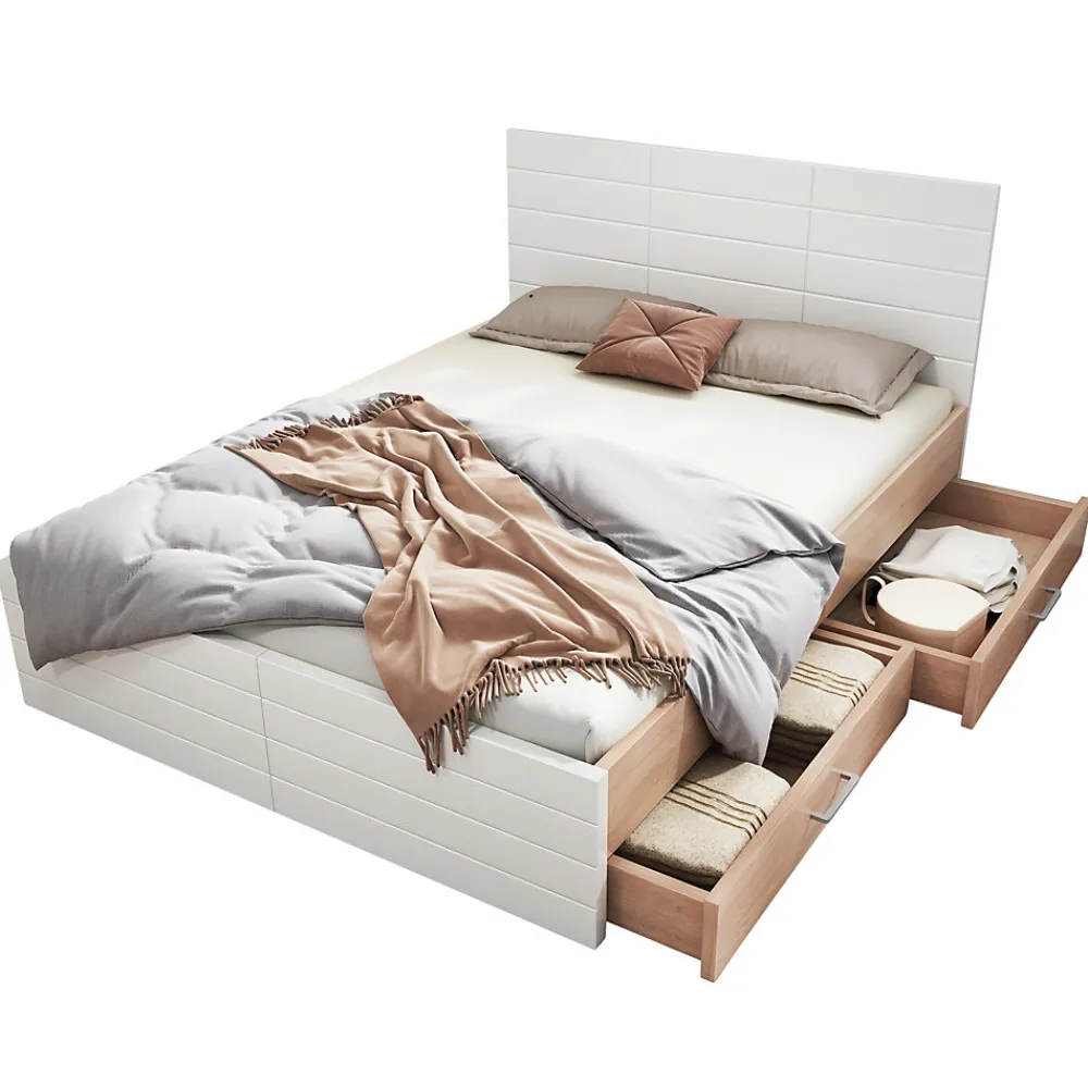 Lit avec rangement 140 x 200 cm - Lit Double avec 2 Tiroirs - Bois MDF - Sans Matelas - Blanc>Okwish Clearance