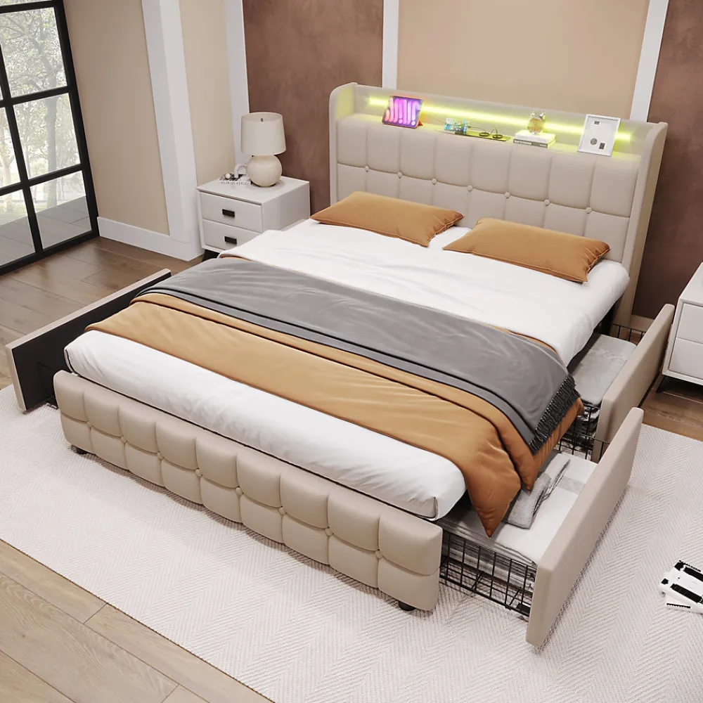 Lit avec rangement 160 x 200 cm - Lit Double avec Ports USB et LED - Lin Bois Métal - Sans Matelas - Beige>Generique Discount