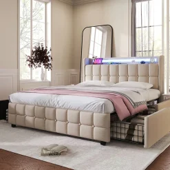 Lit avec rangement 160 x 200 cm - Lit Double avec Ports USB et LED - Lin Bois Métal - Sans Matelas - Beige><noscript><img width=